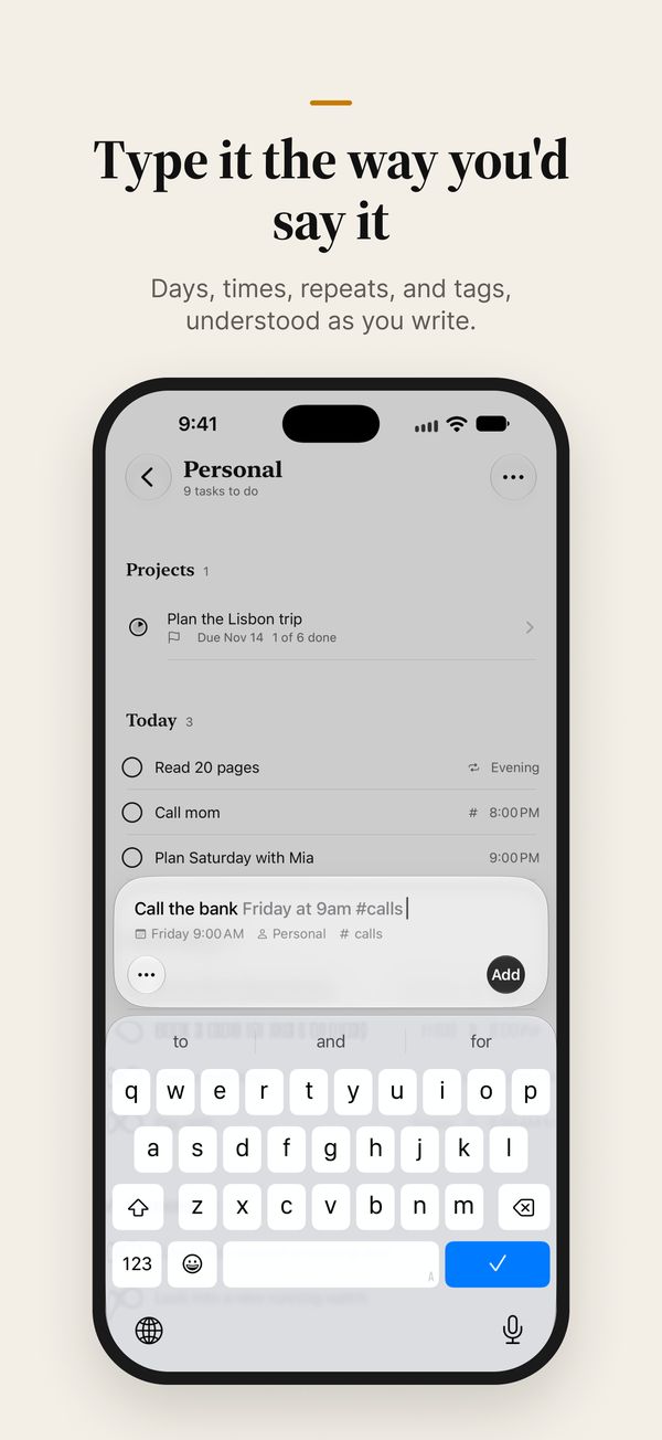 Quick add turning a typed sentence into a task with a day and time